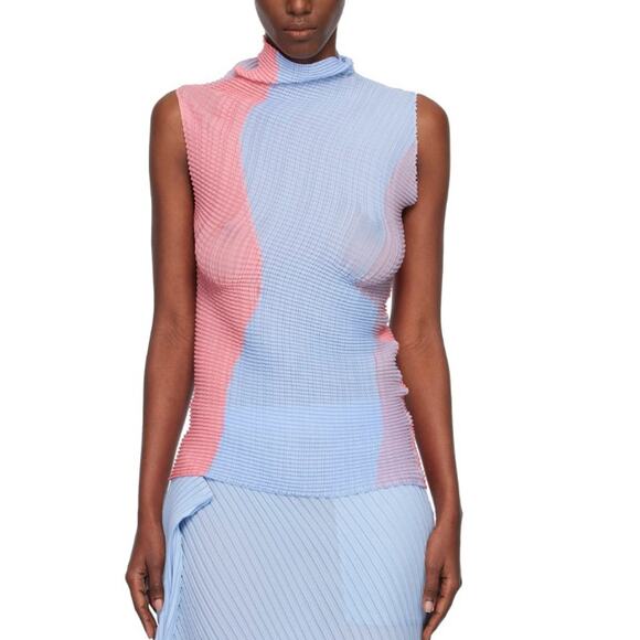 Issey Miyake Mainline Pleated Long Sleeve High Neck Top 2 Blue Pink IM58FJ187 - Picture 2 of 13